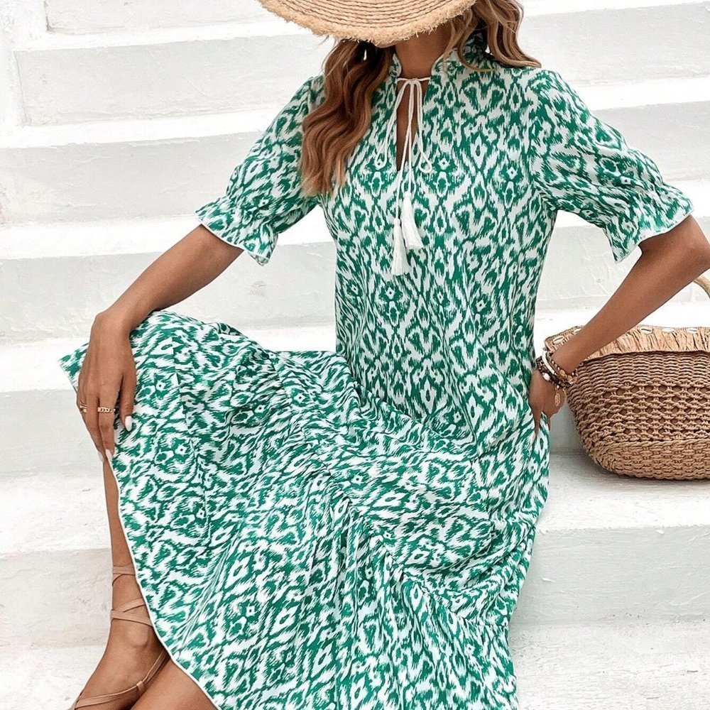 Green And White Boho Womens Tassel Tie Neck Flounce Sleeve Ruffle Hem Smo… - Picture 4 of 5